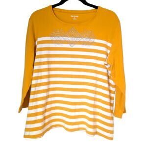 Kim‎ Rogers Yellow White Stripe Long Sleeve Cotton Shirt XL Glitter Print Casual